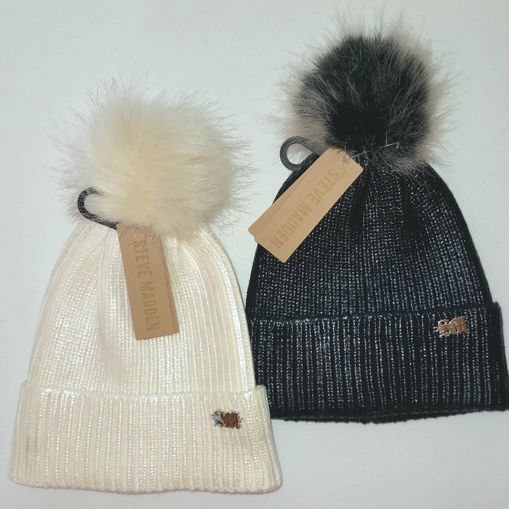 Set of TWO! Steve Madden Faux Fur Pompom Foiled Waxed Beanie Hat